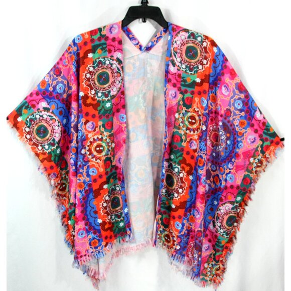 Colorful Floral Medallion Open Front Fringe Cardigan Shawl Wrap Kimono 3XL Boho - Picture 2 of 10